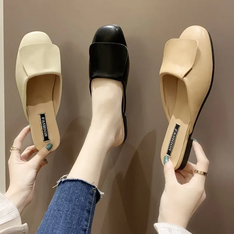 Мюли женские в горошек квадратный носок шлепанцы низкие тапочки лоферы плоская