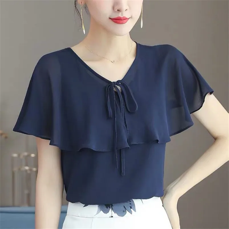 

2021 Summer New Women Chiffon Shirts Fashion Chic Short Ruffles Sleeve Blouse Vintage V-Neck Femme Blusas