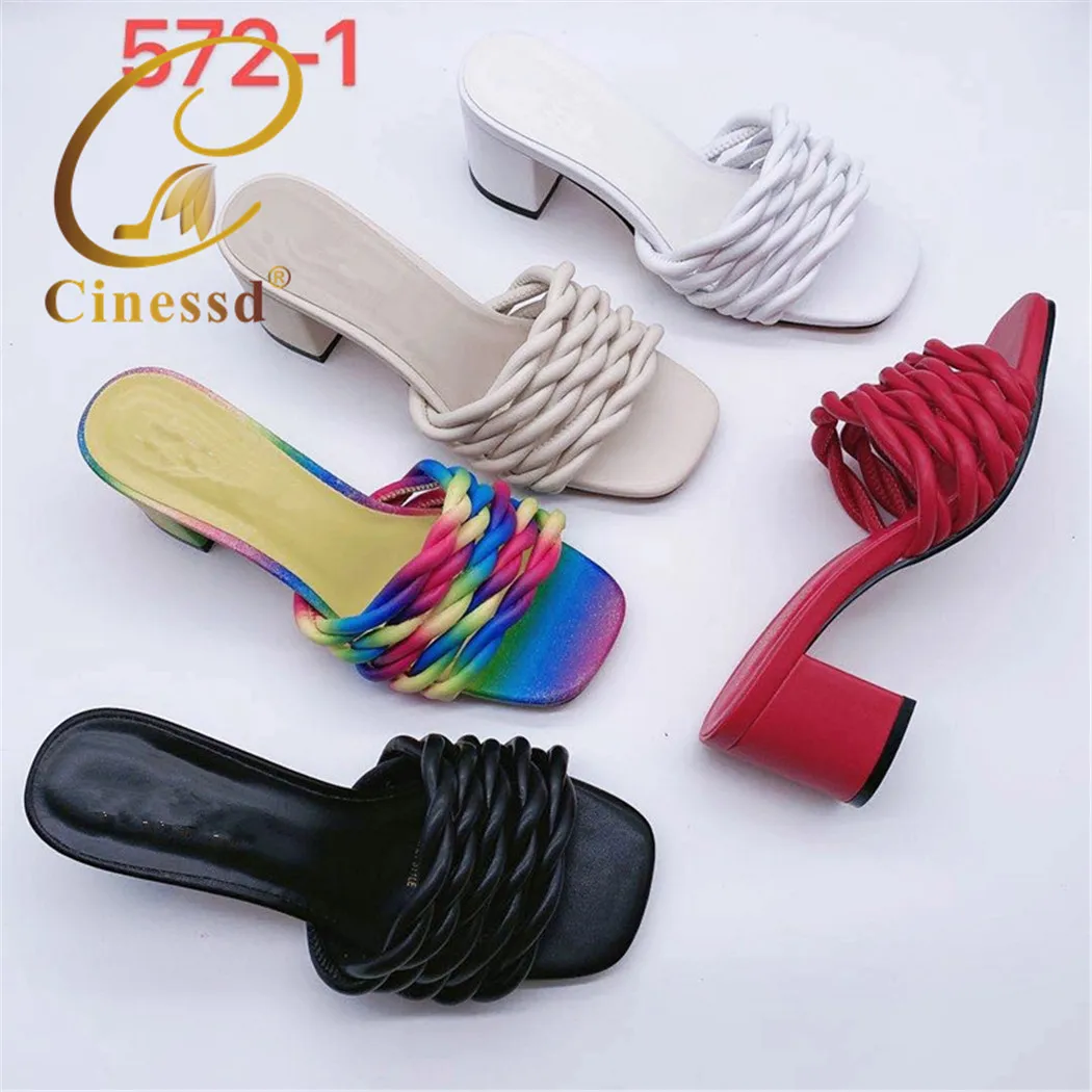 

2021 NEW Sexy PVC Women's Shoes Summer Fashion Thin Heels Modern Slippers Party Shallow Cross-Tied Riband Solid Outside