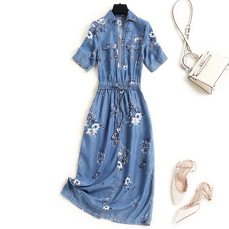

2021 Summer V Neck Short Sleeves Floral Printing Elegant Elastic Waist Women 100% Tencel Long Denim Dress