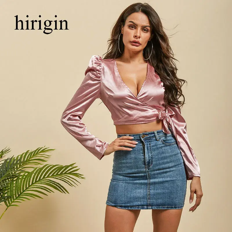 Женская атласная шелковая футболка укороченный топ с узлом и длинным рукавом