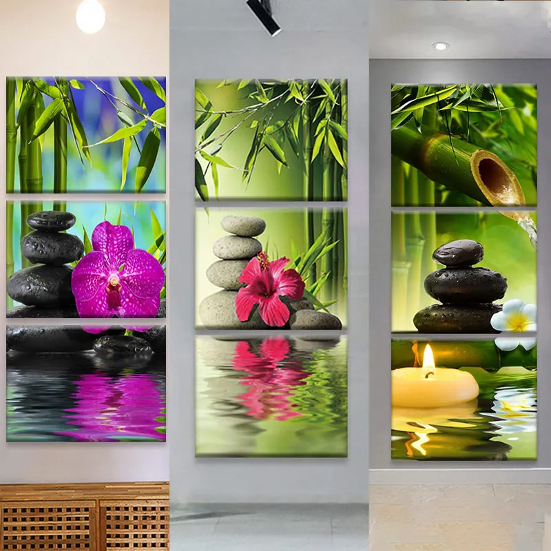 3 шт. зеленые картины Серенити дзен на холсте с рисунком цветов бамбука и камней