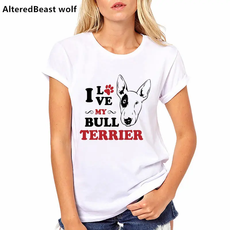 Летняя женская футболка I love my BULL TERRIER в стиле хип хоп с рисунком бульдога мини