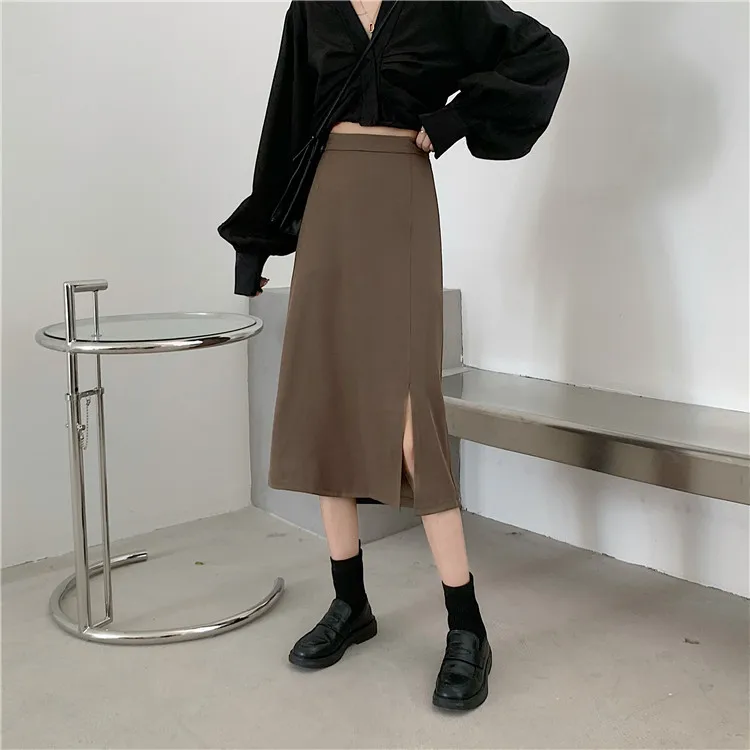 

Large Size High Waist Slimming Drape Side Slit Mid-Length Black Dress Student Female A- line Skirt