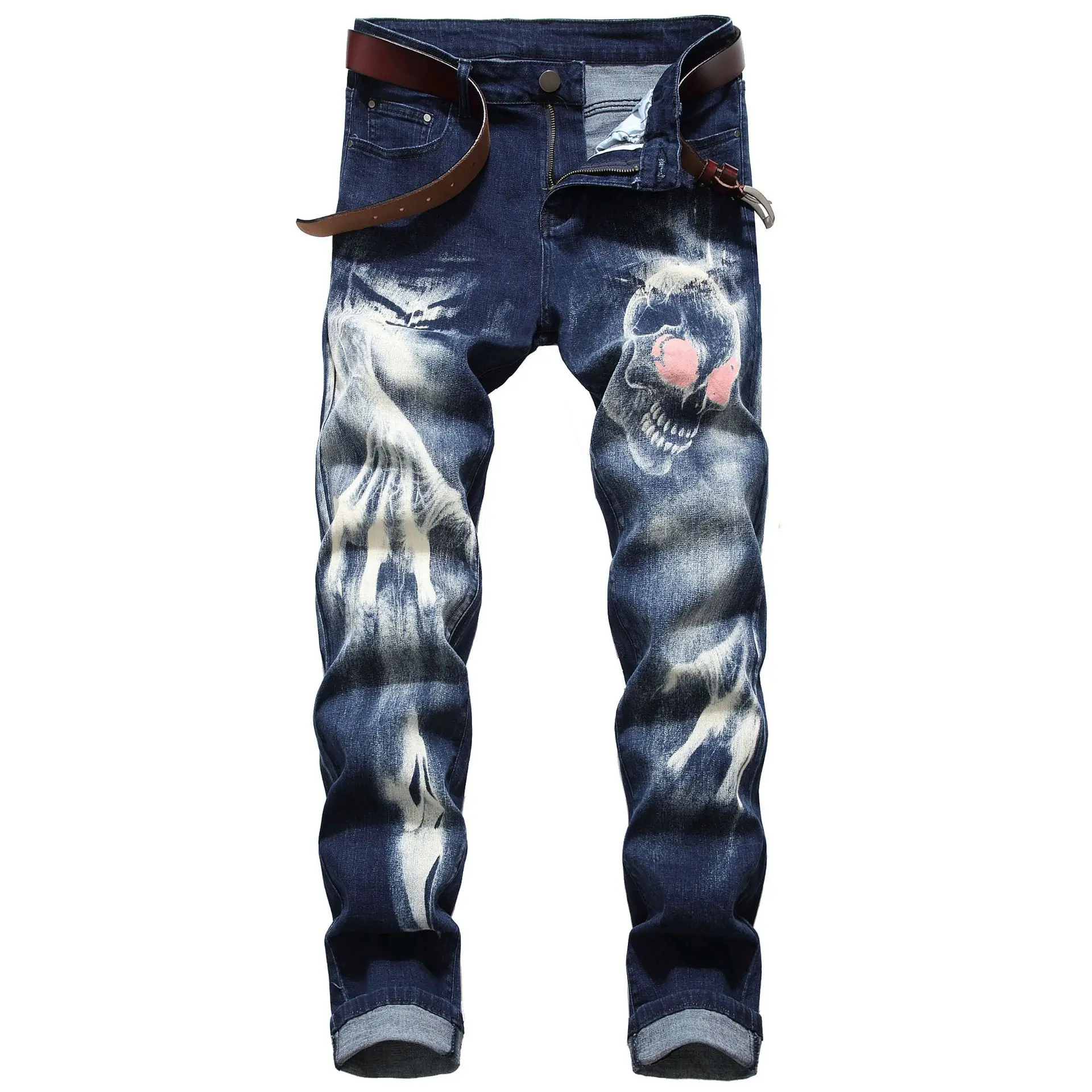 Spot 2020 men's elastic printing jeans personalized 3D pattern slim men's jeans pants