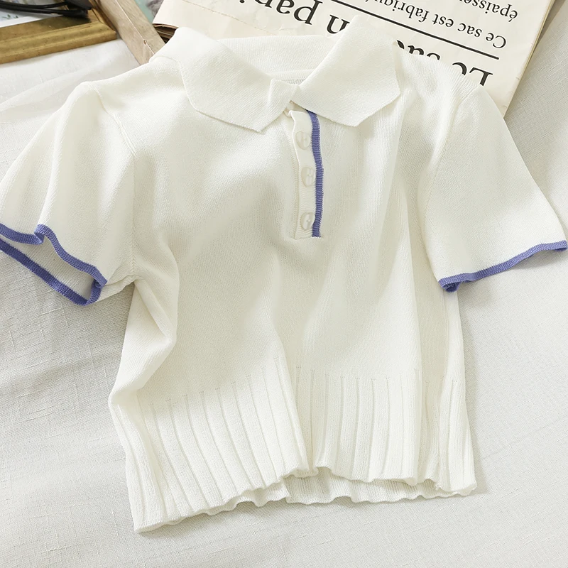 HELIAR Tees Purple Polo Shirt Women shirts Knitted Short Sleeve Casual Summer Peter pan Collar For | Женская одежда