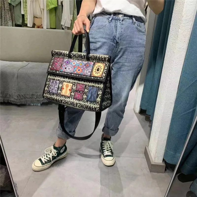 Women Bags Canvas Patchwork Embroidery Purse Handbags Girl Shoulder Bags Cross Body Messenger Bag Female Totes Fashion Flower