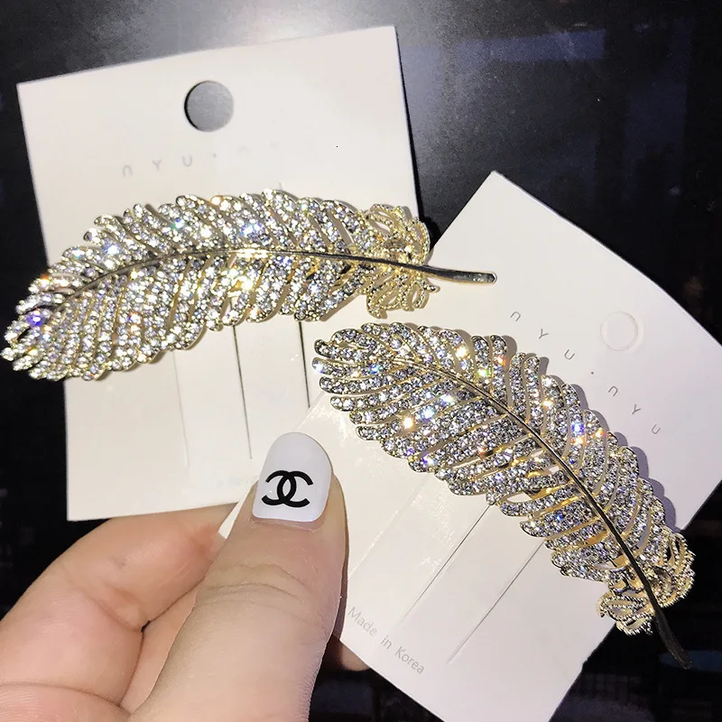 

Wedding Party Barrettes Shining Imitation Diamond Feather Hair Clips Rhinestone Spring Hairpin Pinna Side Clip Hair Accessories