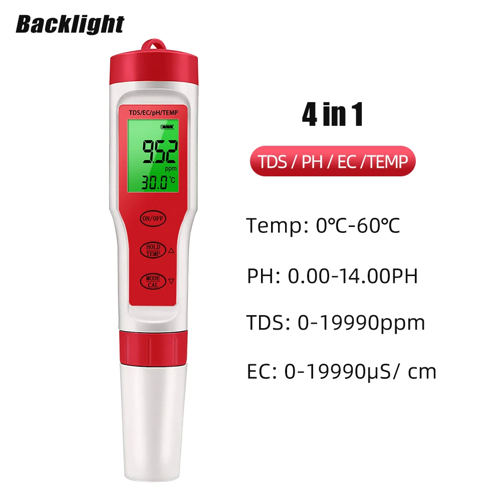 4 в 1 PH EC TDS метр Цифровой тестер качества воды профессиональный