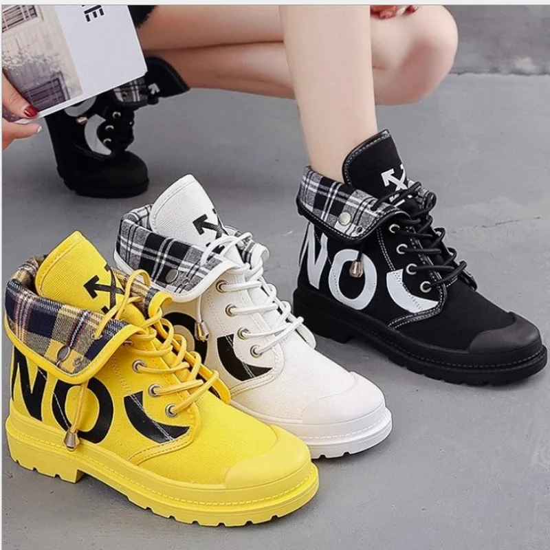 

2021 Autumn Fashion Ladies Canvas Naked Boots Round Toe Lace-up Thick-soled Martin Boots Flat Boots Square Heel Motorcycle Boots