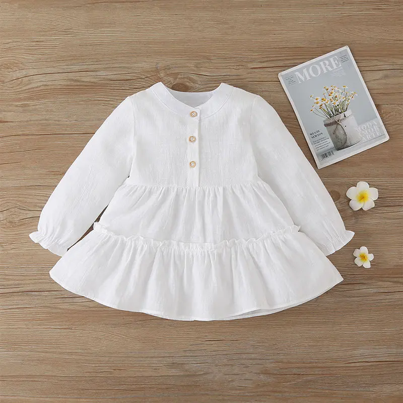 

Autumn Winter 2021 New Girls Dress Long Sleeve Single Breasted Pink White Solid Ruffles Cute Sweet Baby Vestidos 3-7T