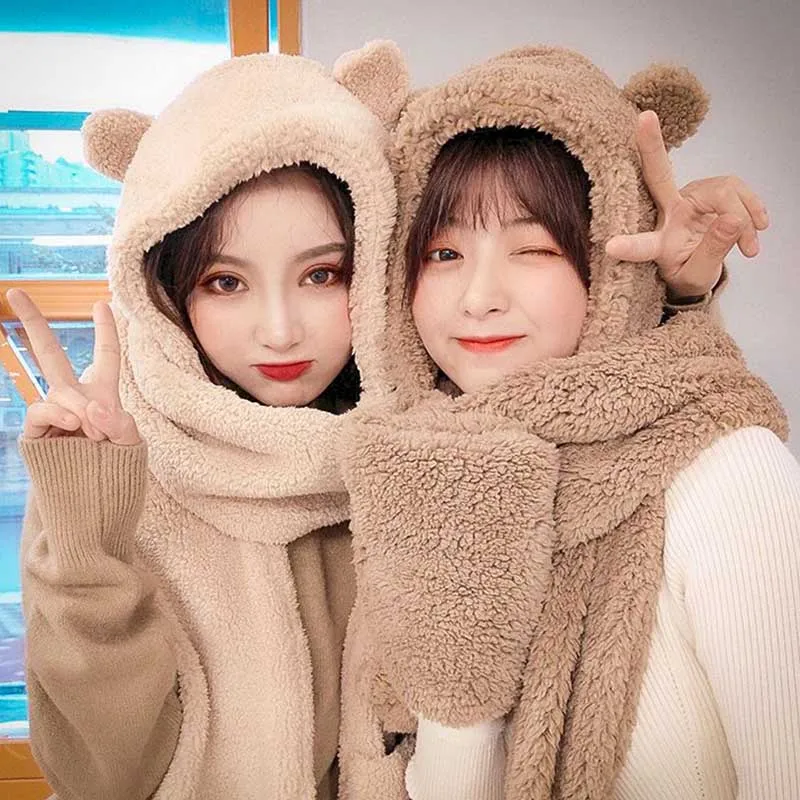 

The New Two-piece Hat And Cute Bear Ears Keep Warm Double-layer Thickened Female Autumn And Winter Female Hat And Scarf Two-piec
