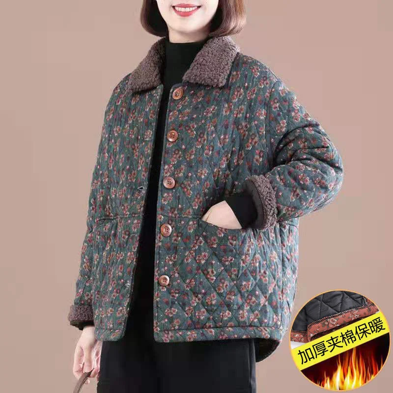 

Women's Autumn And Winter New Style Cotton-padded Coat Short Women's Floral Coat, Lapel Large Coat, Mother's Loose And Warm Coat
