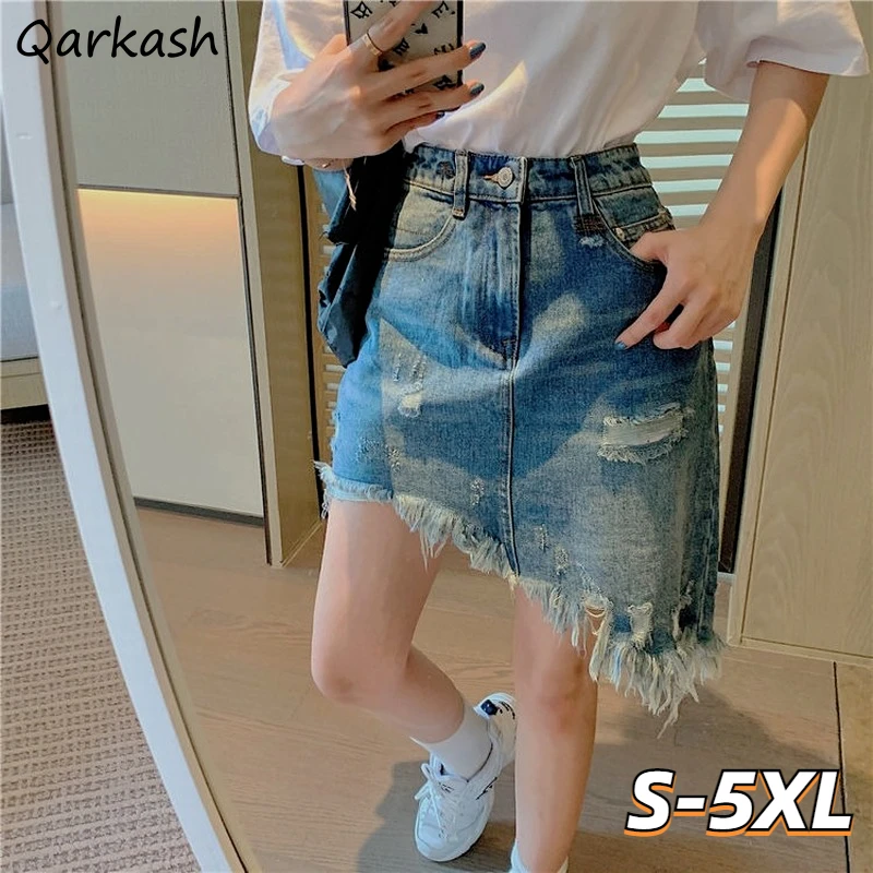 

Skirts Women Ripped Hole Retros Oversize Denim Summer Fashion Design A-line High Waist Irregular All-match Pink Streetwear Sweet