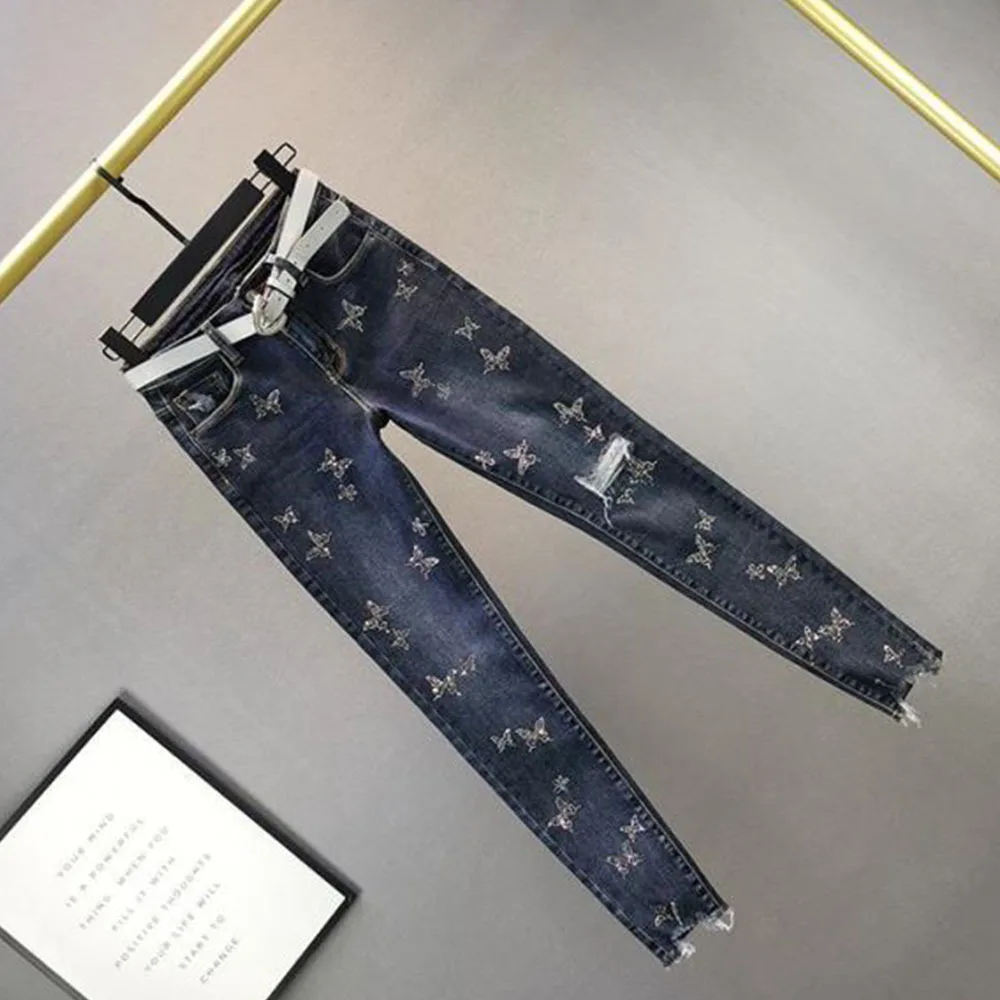Джинсы женские рваные с завышенной талией модные брюки-карандаш из денима