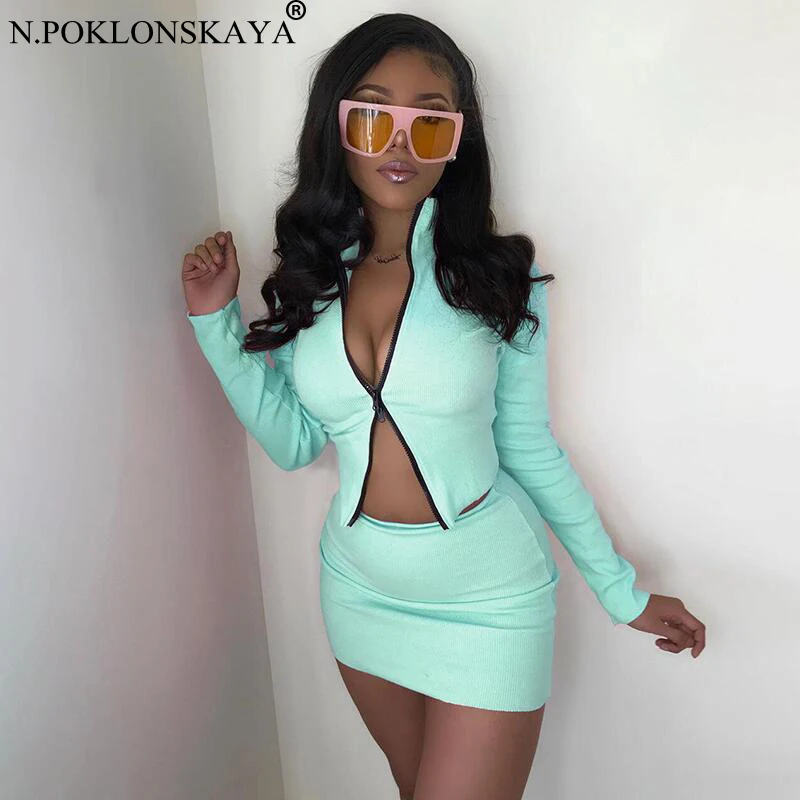 

Knitted Zip Up Bodycon Two Piece Set Women Long Sleeve Casual Autumn 2020 Outfits Crop Top and Mini Skirt Sets Sweater Gym Wear