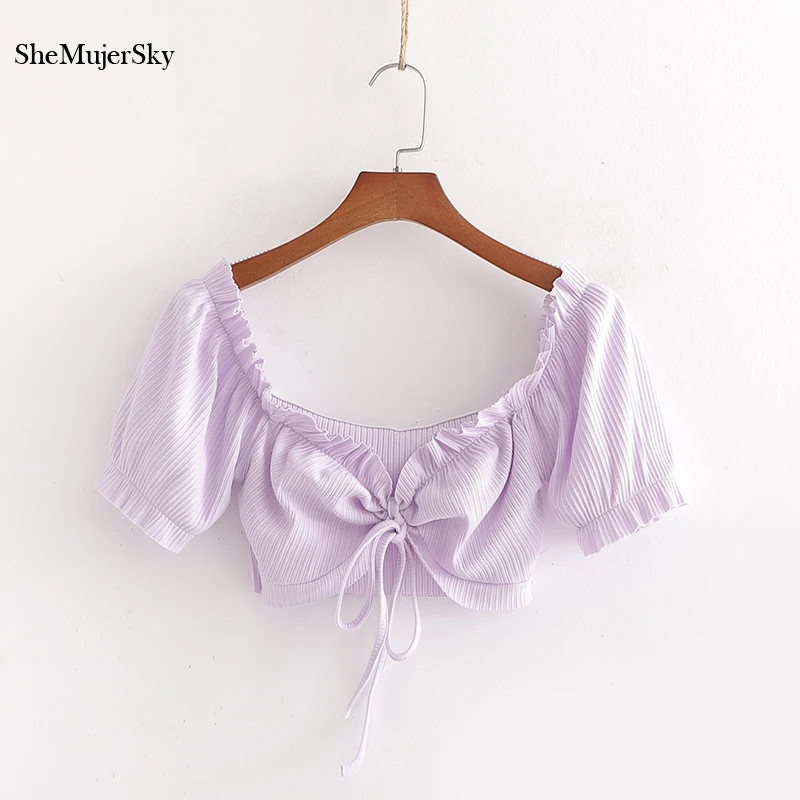 

SheMujerSky Sexy Knitted Blouse Ruffles Elastic Deep V-neck Bandage Cropped Top 2020 Summer Party Tops