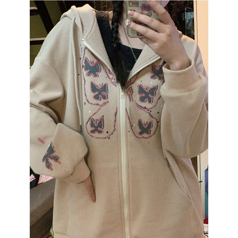 

Biggorange Khaki Zip Sweatshirt Waffle Winter Jacket Top Oversized Hoodie Butterfly Retro Pocket Women Sleeve Pullover