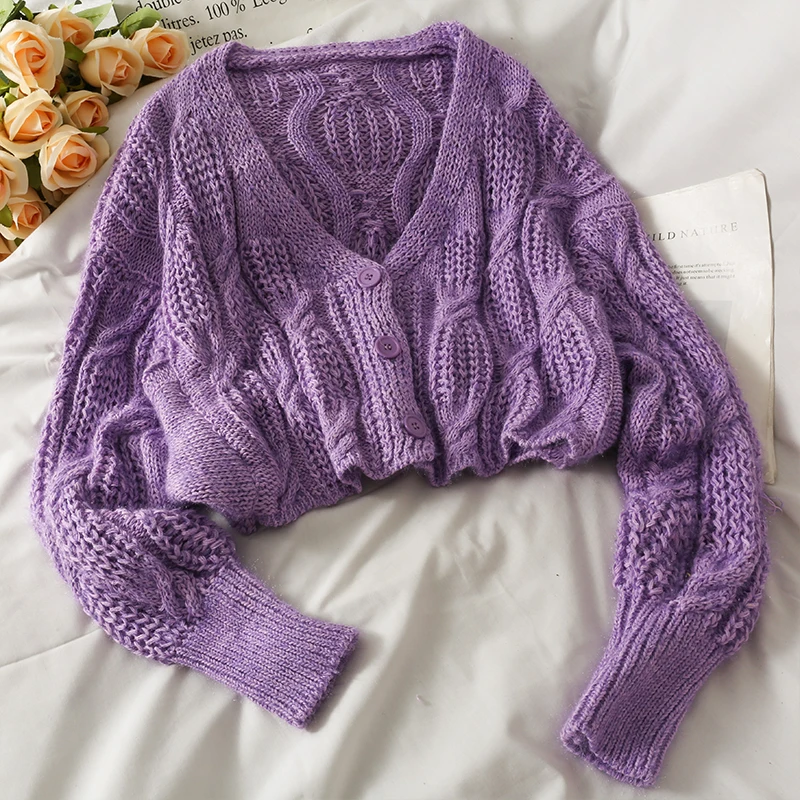 

ABRINI Knitted Cardigan Criss-Cross Pattern Long-sleeved V-neck Sweater Women Winter Loose Solid Knit Sweater Cardigans
