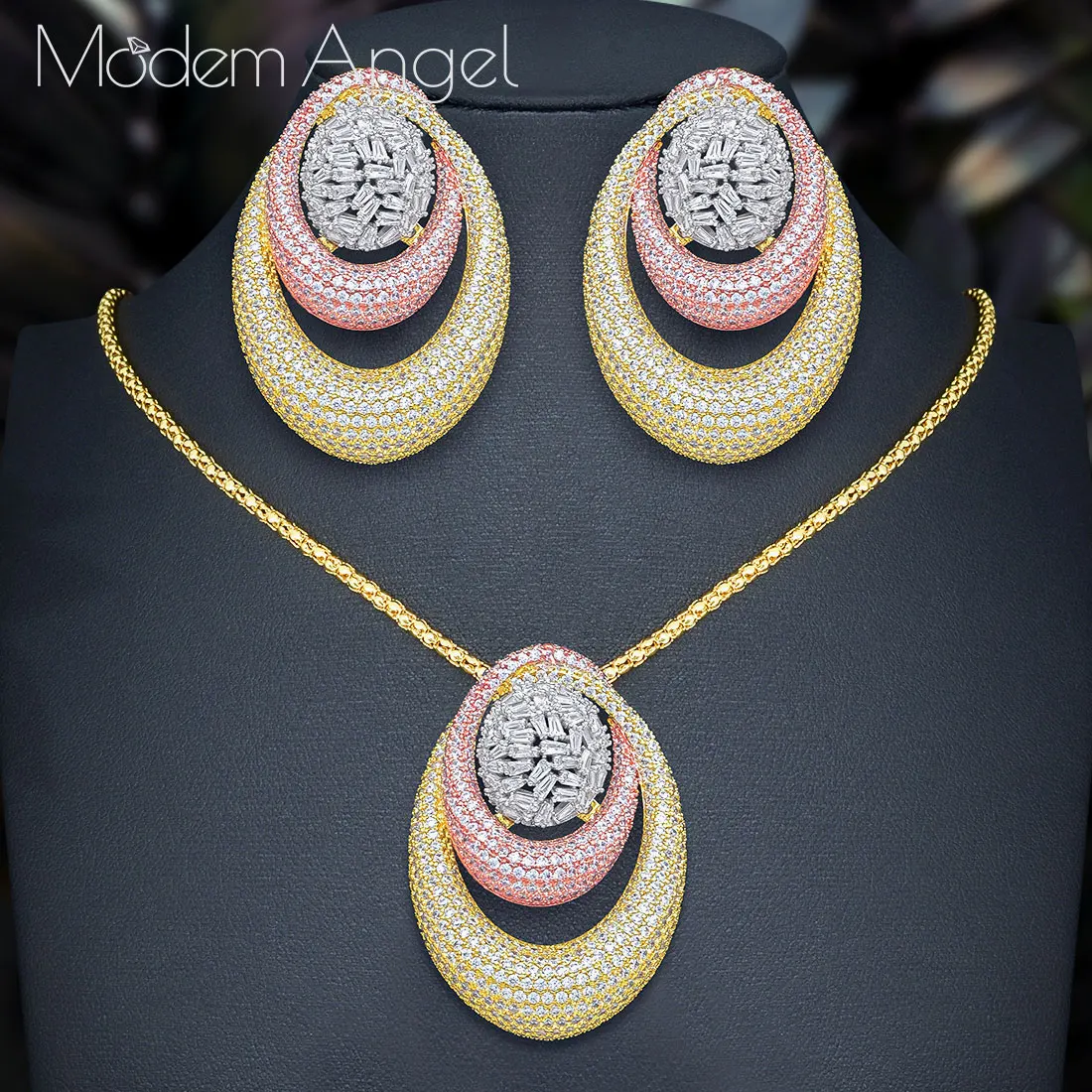 

ModemAngel Circle Geometry Fashion Luxury Super AAA Cubic Zirconia Women Engagement Necklace Earring Jewelry Set