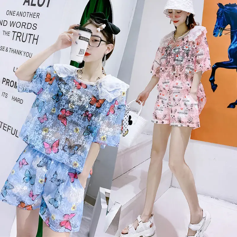 

2 Pcs New Designer Women Summer Clothing Sets Lace Cartoon Print Loose Blouses Tops And Party Shorts Pants Suits Set NS652