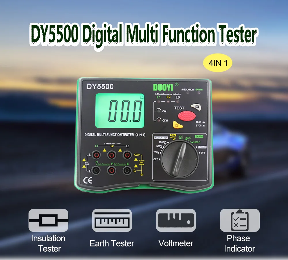DUOYI DY5500 4 в 1 Цифровой Многофункциональный тестер сопротивления мультиметр изоляция вольтметр заземления измерительный индикатор фазы