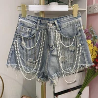 denim shorts summer new jeans womens tassel pearl pendant raw edge a line wide leg pants trousers women jeans