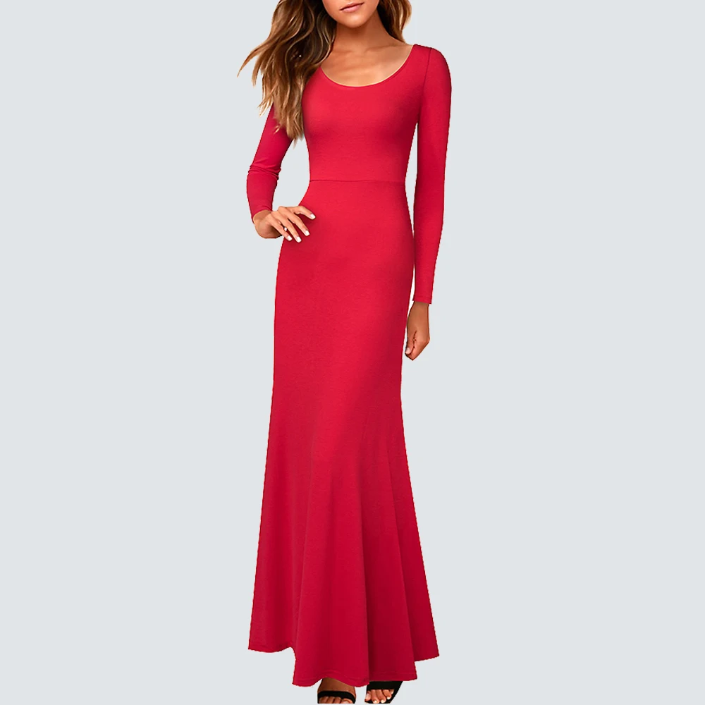 

Women Elegant Charming Pure Color Scoop Neck Backless Cut Out Long Maxi Dress H113