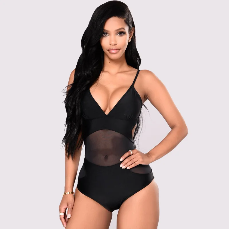 

Sexy Black Mesh One Piece Swimsuit See Through Monokini Push Up Trikini Bodysuit Swimwear Bathing Suit Female Swimming Costumes