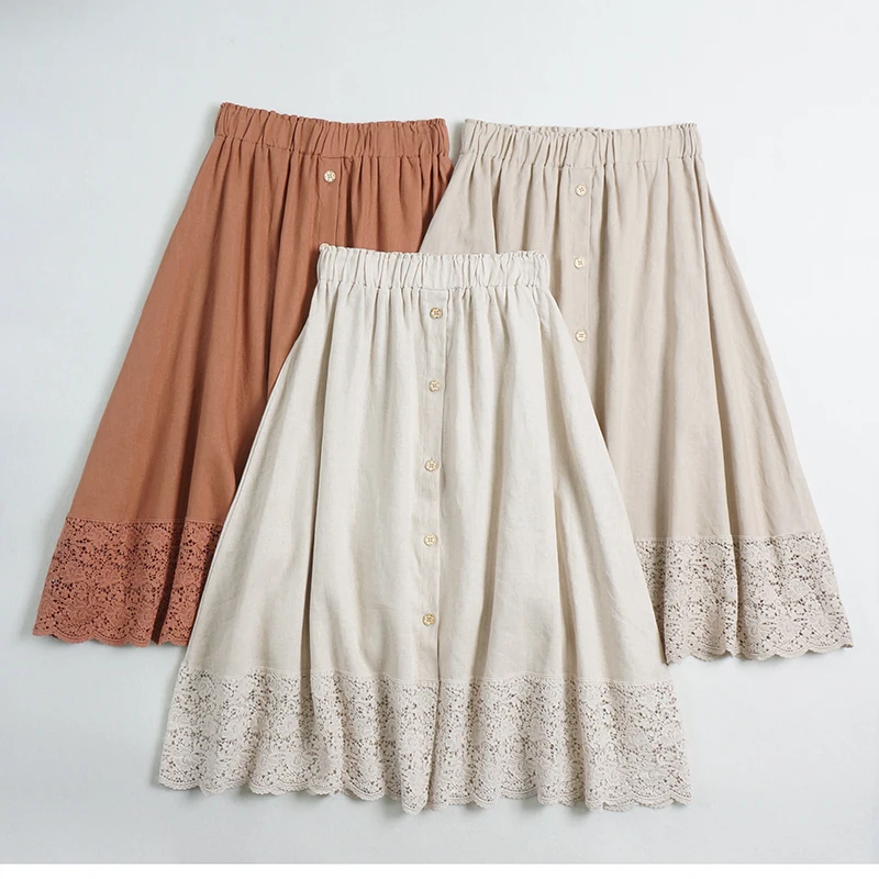 Японская хлопковая льняная однотонная вышитая юбка с большим подолом летняя