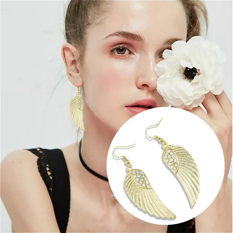 

Luxury Rhinestone Wing Dangle Earring For Women Korean Crystal Feather Ear Drop Earring Fashion Jewelry Wedding Accessories