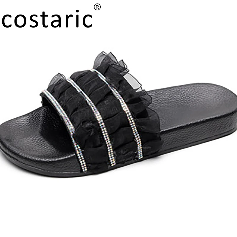 

Стразы, кружевные женские шлепанцы, новинка, модная Уличная Повседневная женская обувь и сандалии, шлепанцы с открытым носком и кристаллами...