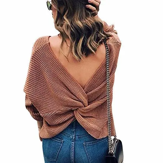 

OL Commuter Sweater New Autumn/winter Sweater Coat Jacket Round Neck Pullover Open Back Cross Sweater Women Plus Size