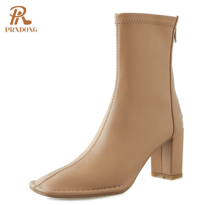 

2021 Winter Soft Stretch Boots Women's Ankle Boots High Heels Platform Ladies Shoes Square Toe Zipper Office Dress Weddings Fall