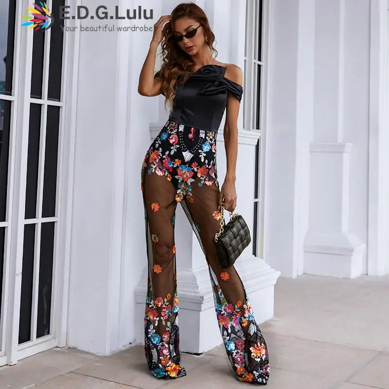 

EDGLuLu Sexy Off Shoulder Short Sleeve Playsuit Mesh Embroidery Jumpsuit Women Summer 2021 Elegant Party Ladies Rompers 0815
