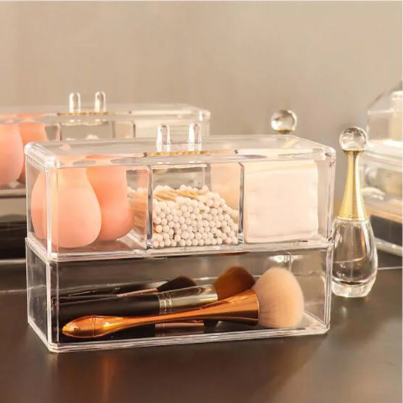 

ansparent Makeup Storage Box Cosmetics Organizer with Cover Dustproof Plastic Makeup Brush Lipstick Storage Box