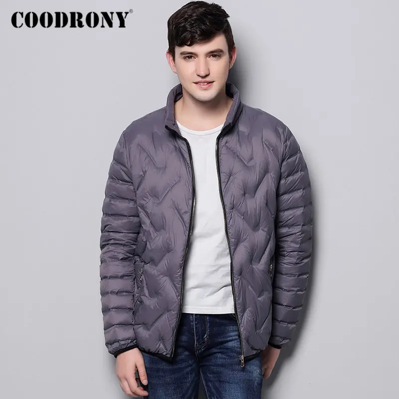 Серый Бренд COODRONY, мужская куртка-пуховик на утином пуху, модное повседневное пальто со стоячим воротником, мужские мягкие теплые зимние куртки на молнии с карманами, одежда 98025 - Цвет: Серый