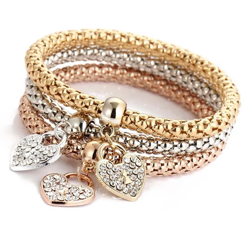 3Pcs/set Heart Bracelet for Women Gold Popcorn Chain Crystal Key Lock Charm Bracelets Boho Jewelry Gift Friendship Accessories