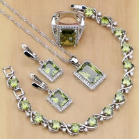 square 925 sterling silver jewelry olive green cubic zirconia jewelry sets for women earringspendantnecklaceringsbracelet