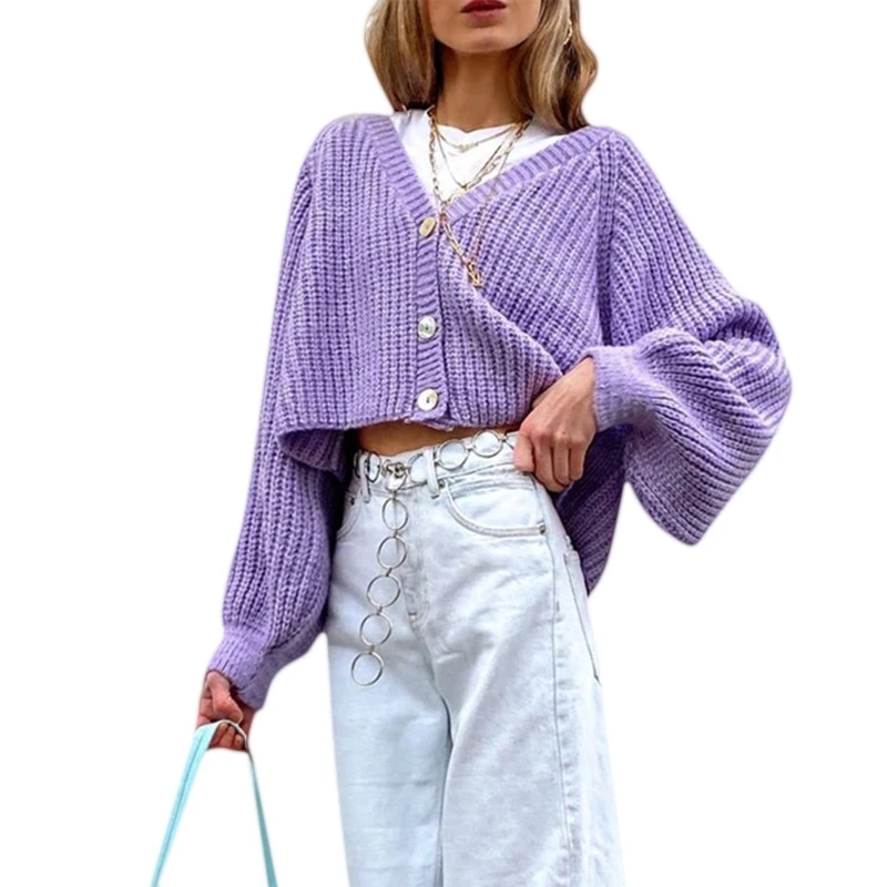 

Women Autumn Batwing Lantern Sleeve Cardigan V-Neck Single Breasted Button Down Sweater Coat Oversized Purple Knitwear Crop Top