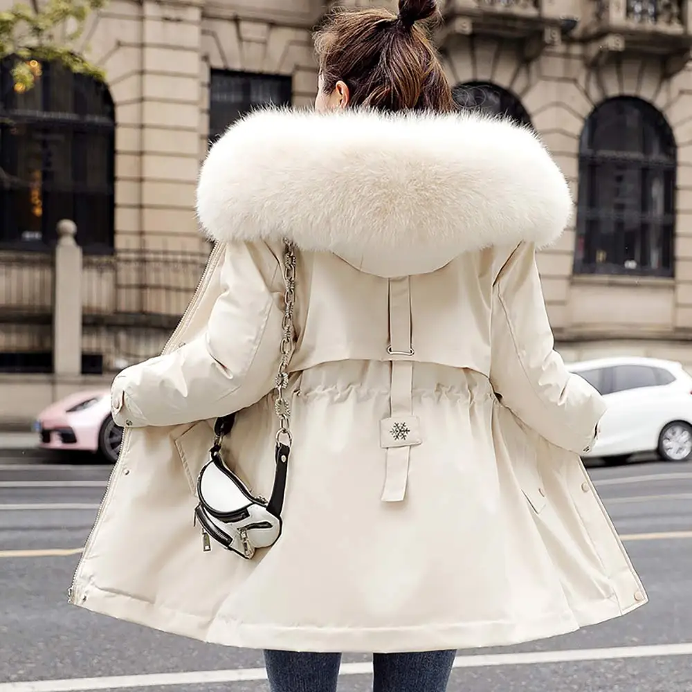 GRELLER Women Long Winter Jacket Cotton-Padded Thick Drawstring Parkas Fur Liner Winter Coat Female Warm Casual Hooded Outfits