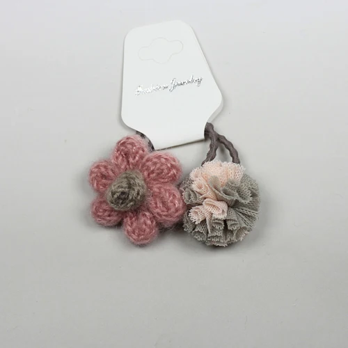 Pink Flower Lace 2 шт./партия, зимний детский вязаный цветок, пушистые круглые помпоны для волос, помпон для волос, резинки для волос, конский хвост, держатель HB038 - Цвет: Pink Flower Lace