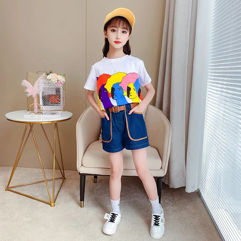 

Children Denim Shorts Sets Girls Summer Clothes White Pink Cartoon Print T-Shirt+Short Jeans Two-Piece Suits Casual Kids Outfits