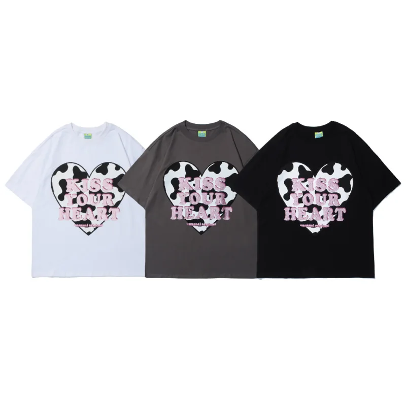 

2021 Streetwear Love Letter PrintingT Shirt Hip Hop Men Harajuku Tshirt Short Sleeve Cotton T-Shirt Fashion Black Loose Tee Top