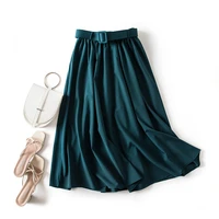 women skirt solid high waist belt a line vintage office party long skirt