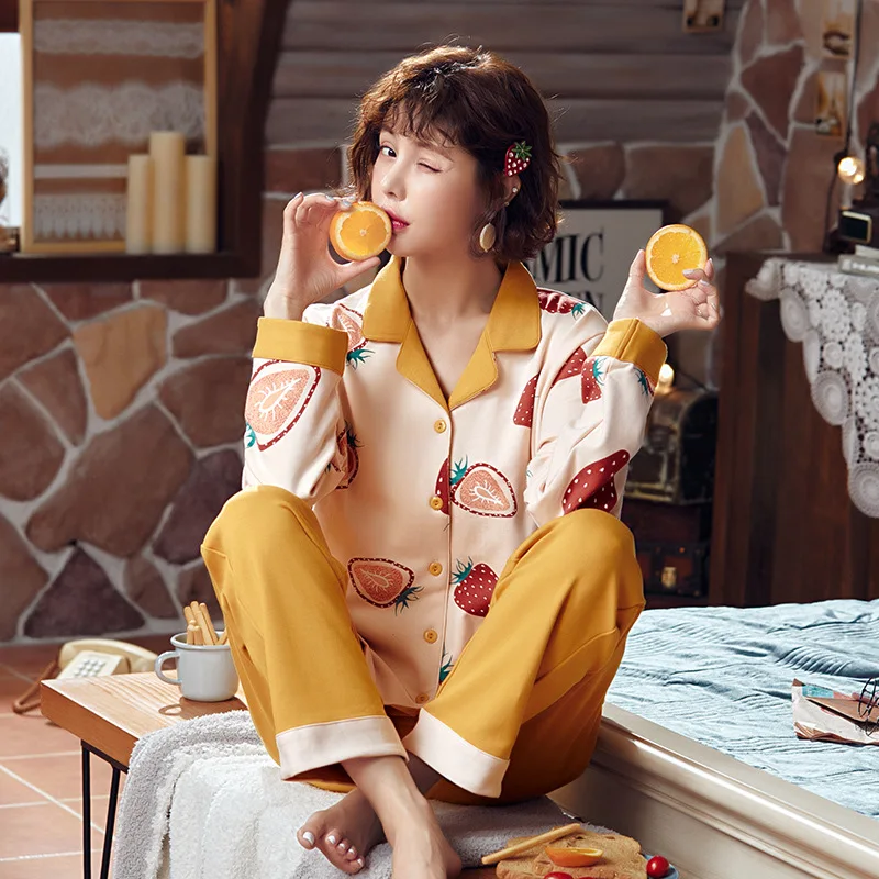 Весенняя осенняя зимняя Пижама женская Клубничная Вязанная хлопковая с принтом