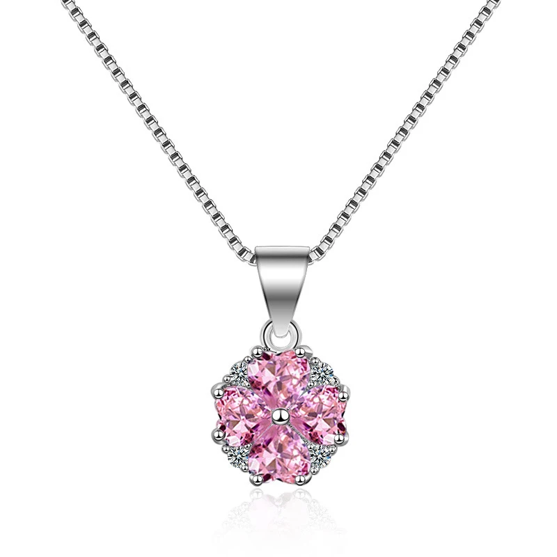 Кубический цирконий цветок Сакура кулон ожерелье серебро розовый медь вишня