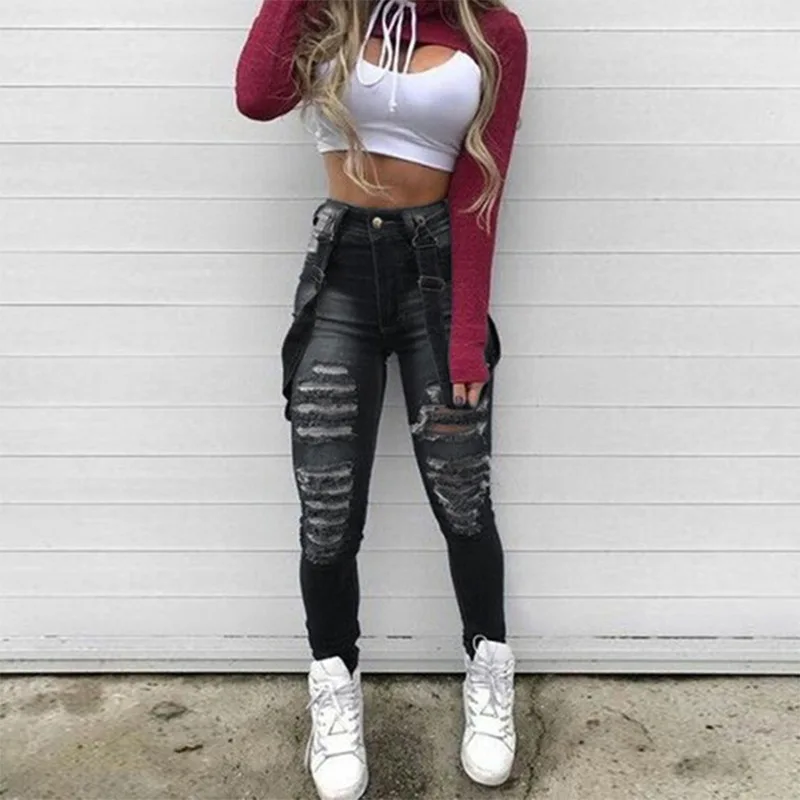 

street trendy pants denim high waisted jeans Quick sale of new with holes
