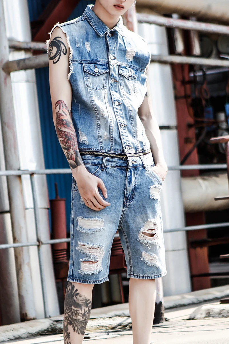 Summer tide brand denim jumpsuit men European and American fashion retro holeless sleeveless clothing | Мужская одежда