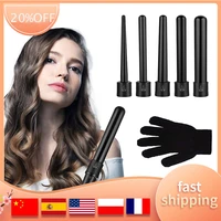 5 in 1 curling iron wand set with 5 interchangeable hair curler ceramic barrels and protective gloves 360%c2%b0 rotation ptc heating